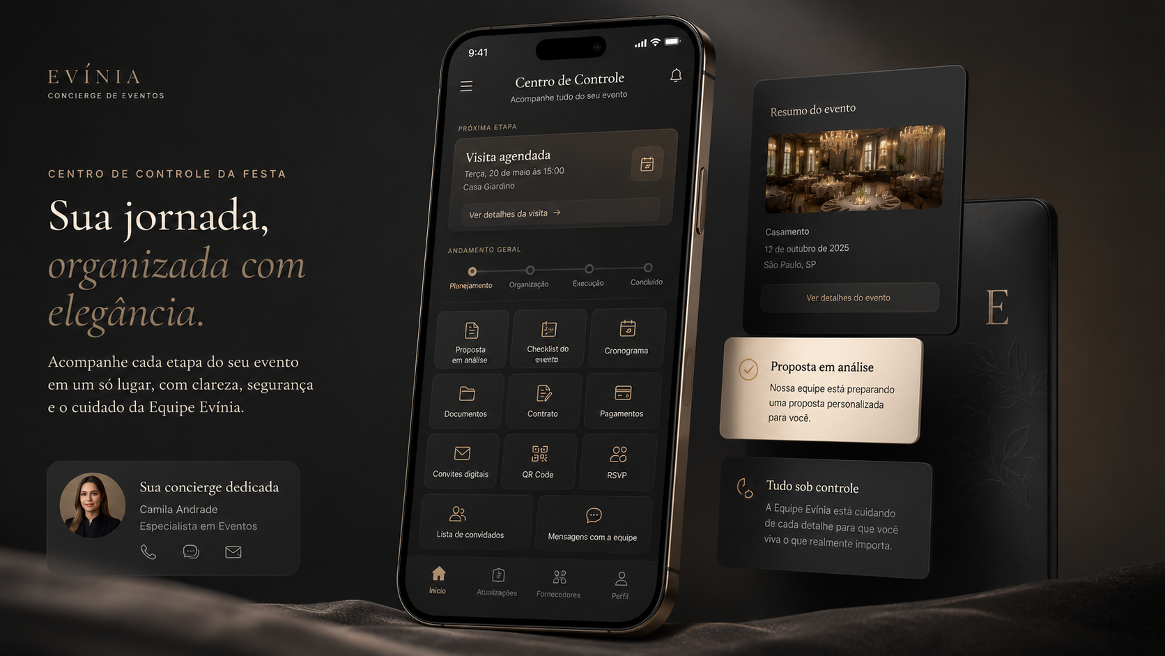 Centro de Controle da Festa Evínia — aplicativo com propostas, visitas, documentos, checklist, cronograma, pagamentos, convites digitais, RSVP, lista de convidados e mensagens com a equipe
